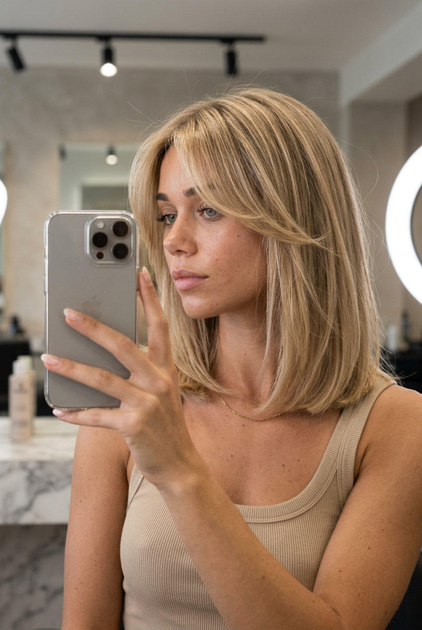 collarbone-length lob haircut with sandy beige blonde, babylights, curtain fringe for concert