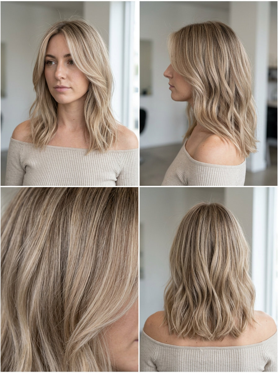 shoulder-length sandy beige blonde with cool undertones and natural root, babylights and lowlights — natural summer look