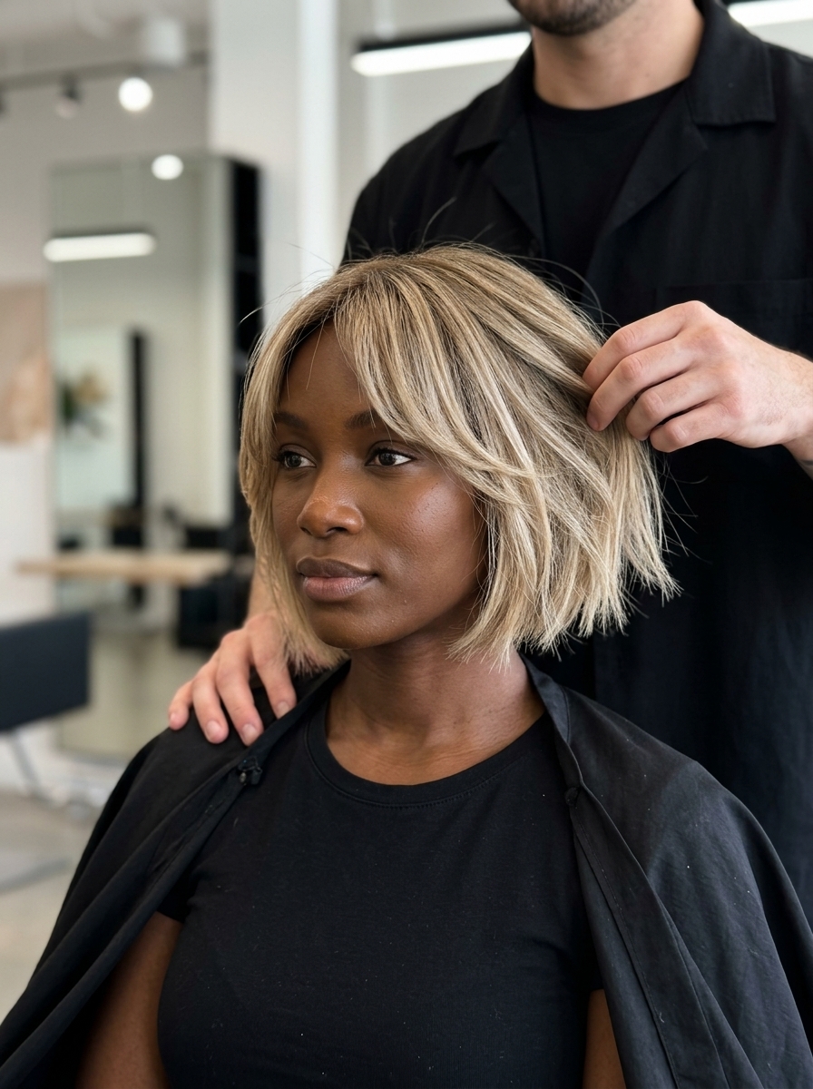 short bob haircut in sandy blonde with beige babylights, root shadow, curtain bangs — soft carefree beach vacation