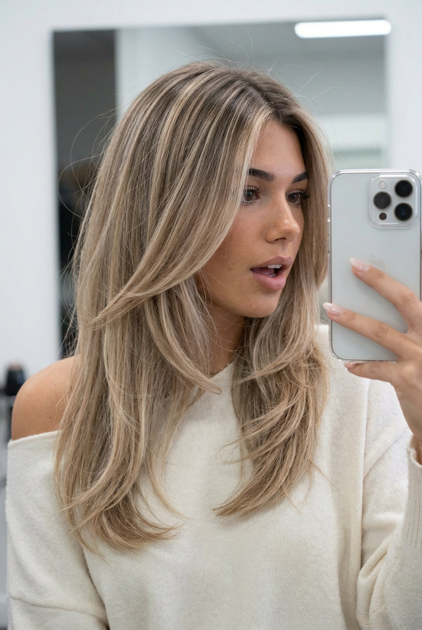 long sandy beige blonde with cascading layers and mushroom root for summer
