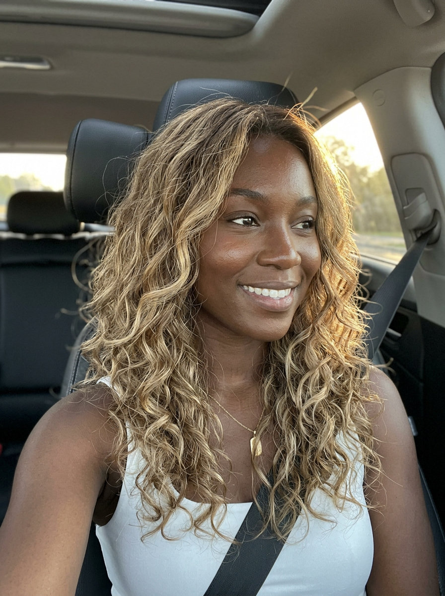 Sandy Blonde Curls: Long Balayage 2026 long layered haircut sandy blonde with neutral-warm undertones, dry cut layers, face-framing layers β romantic bohemian waves