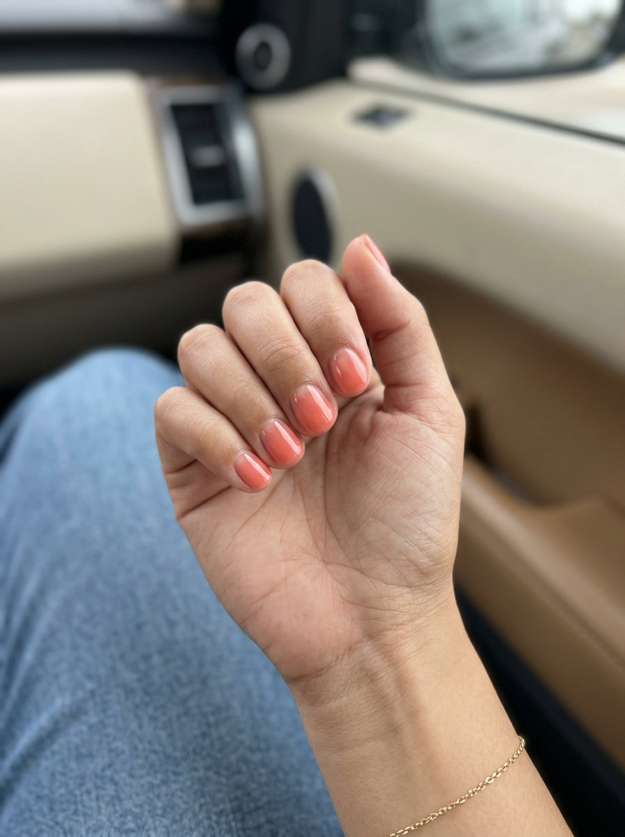 Sheer Coral Round Nails 2026: Effortless Daily Wear Style Sheer coral short round nails for daily wear, a minimalist and clean solid summer nails 2026 option.