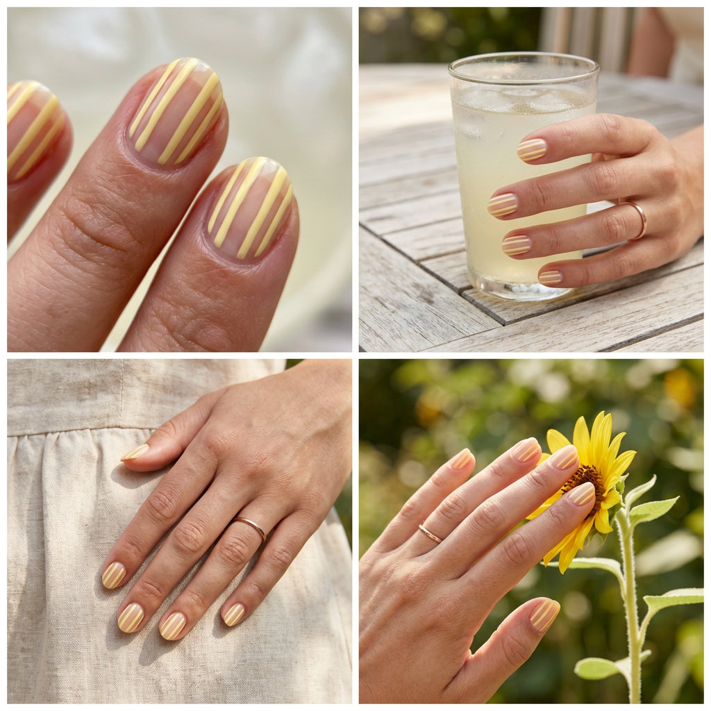 Butter Yellow Lines Short Oval Nails 2026: Modern Chic Short oval summer nails 2026 with butter yellow negative space lines for a modern, chic look.