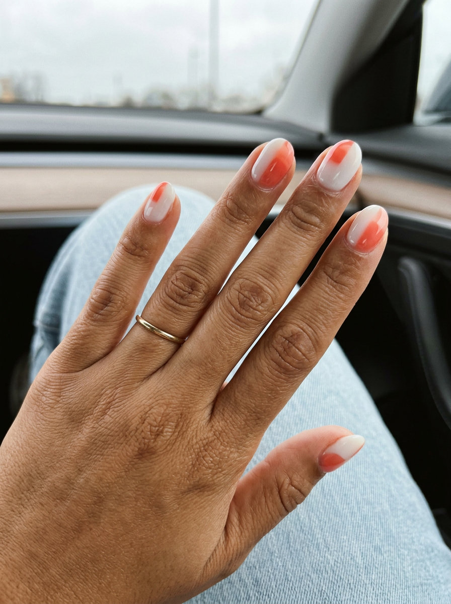 Short Oval Summer Nails 2026: Bold Color Block Short oval summer nails 2026: Coral white color block geometry design with sheer coral and milky white.