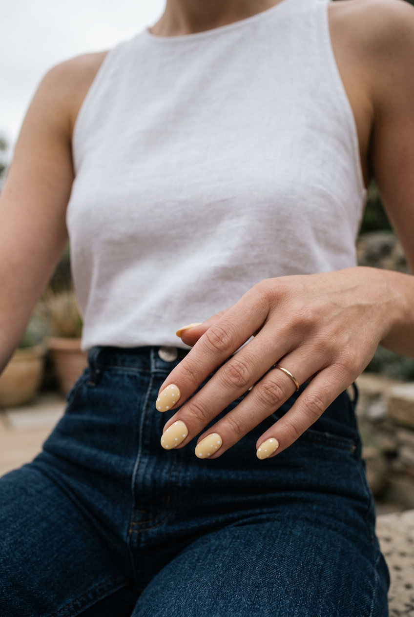 Ditsy Daisy Dots Short Oval Summer Nails 2026 Short oval summer nails 2026 in butter yellow with tiny white dots, perfect for garden parties and casual outings.