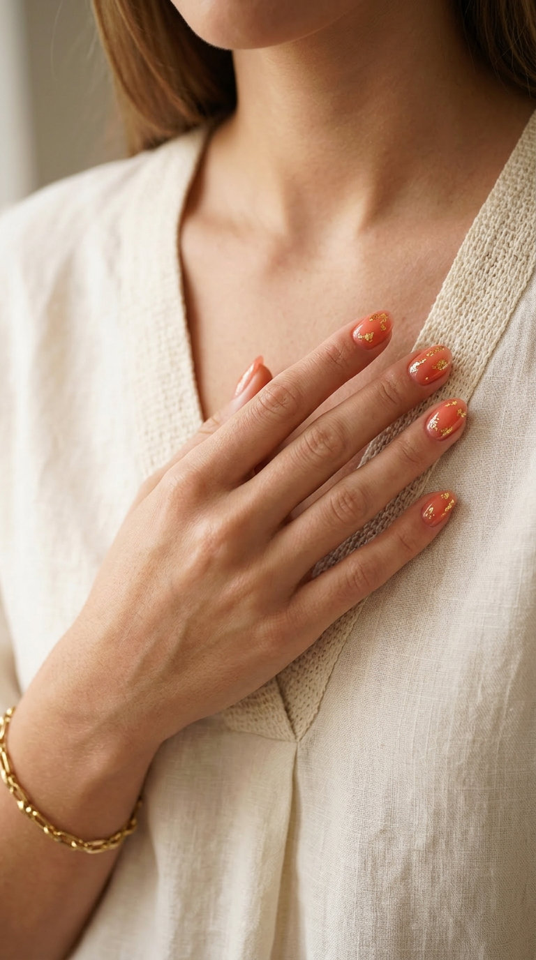 Golden Hour Coral Short Oval Summer Nails 2026 Short oval summer nails 2026 in sheer coral with gold foil, perfect for festivals and beach days.