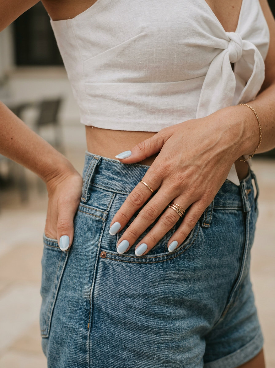 Milky Blue French Short Oval Nails 2026: Minimalist Chic Short oval summer nails 2026 with milky blue base and crisp white French tips for minimalist chic.