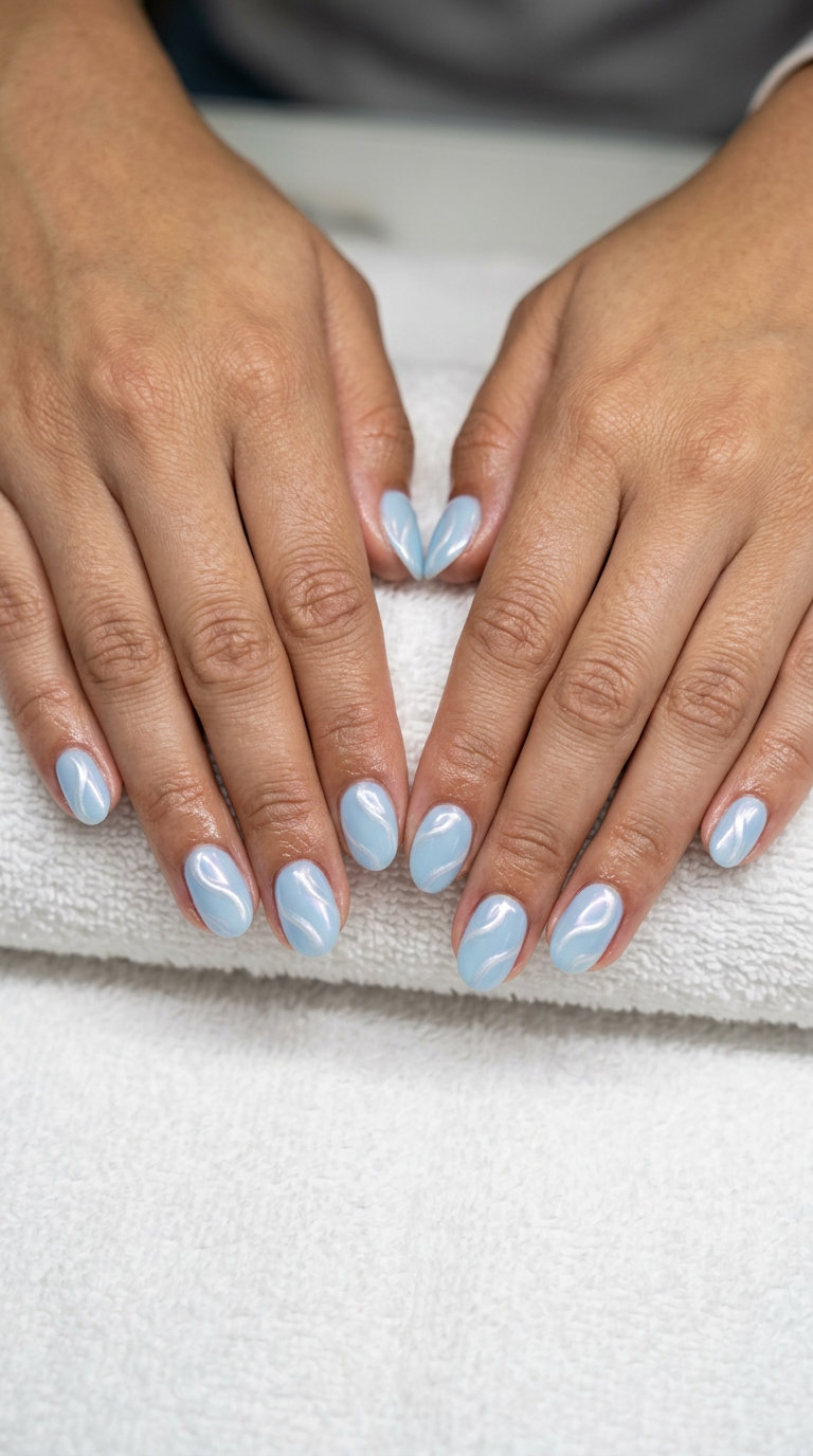 Short Oval Summer Nails 2026: Milky Blue Swirls Short oval summer nails 2026: Milky blue with pearlescent white swirls for a romantic and ethereal look.