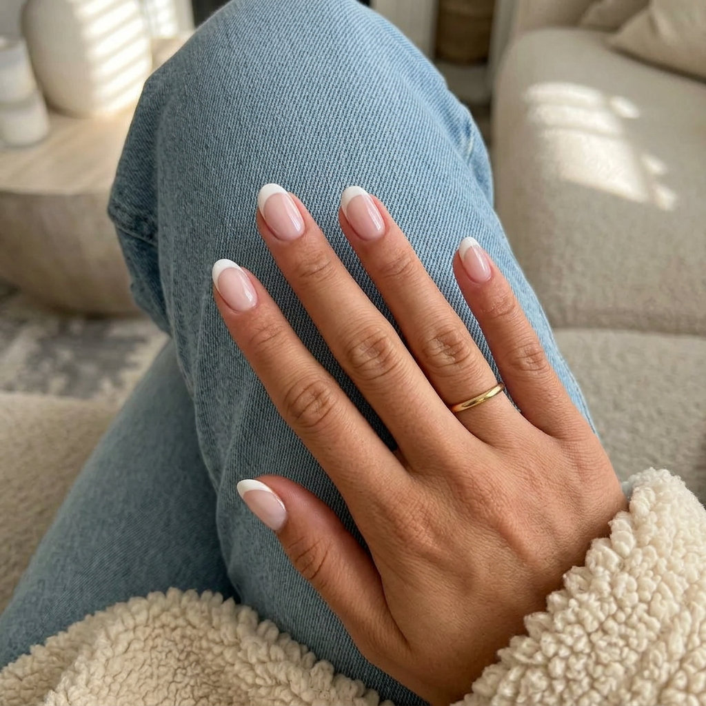 Minimalist White French Short Oval Summer Nails 2026 Short oval summer nails 2026 with minimalist white French tips and negative space, chic for work.