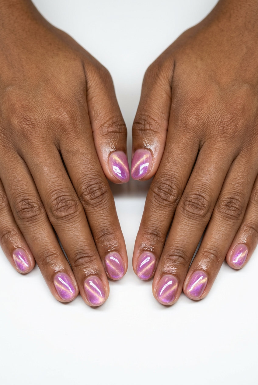 Short Oval Summer Nails 2026: Mystic Pink Cat-Eye Short oval summer nails 2026: Mystic pink cat-eye with magnetic shimmer shift for a glamorous date night.