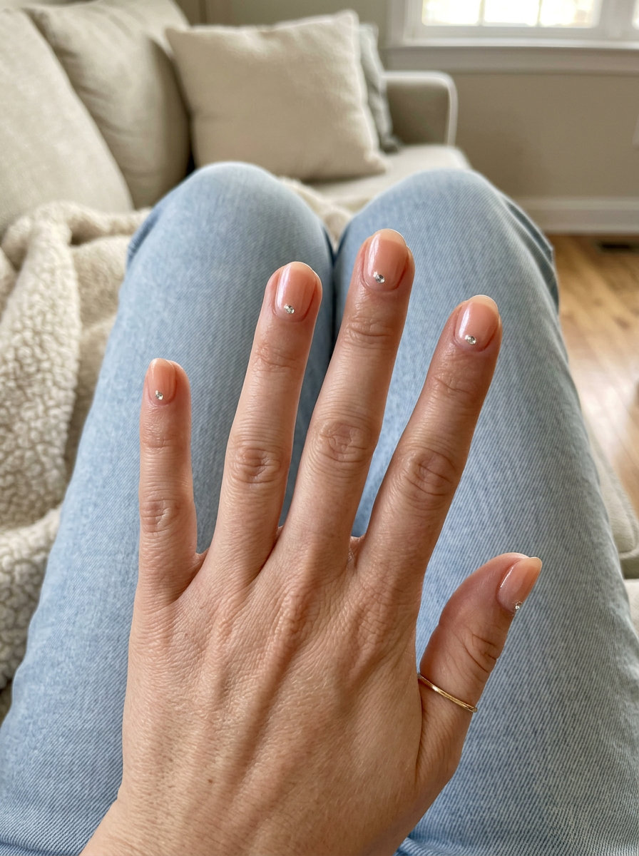 Dewy Peach Sparkle Short Oval Summer Nails 2026 Short oval summer nails 2026 with sheer peach and rhinestone accents, glamorous for date nights.