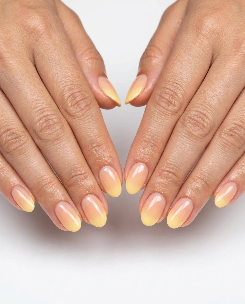 Peach Yellow Ombre French Short Oval Summer Nails 2026 Short oval summer nails 2026 with peach and yellow ombre French tips, playful for vacation.