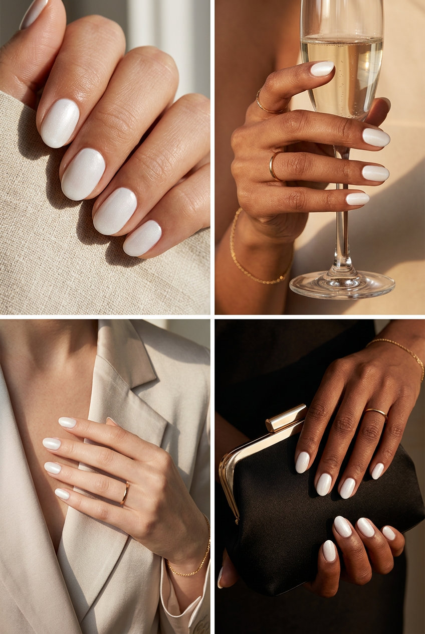 Pearl White Shimmer Short Oval Nails 2026: Elegant Occasion Short oval summer nails 2026 in pearl white shimmer for elegant formal occasions.