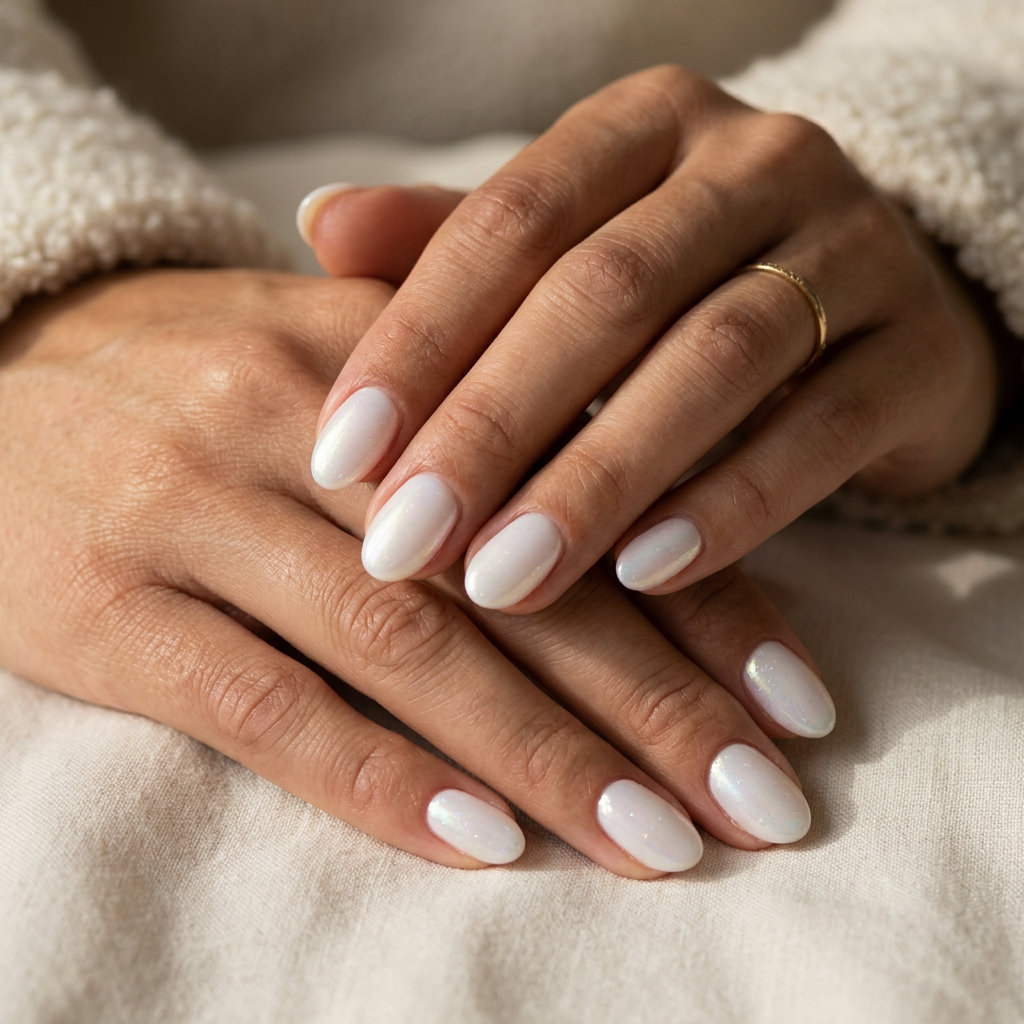 Short Oval Summer Nails 2026: Milk Bath Short oval summer nails 2026: Pearlescent white milk bath effect with subtle shimmer for elegant bridal looks.