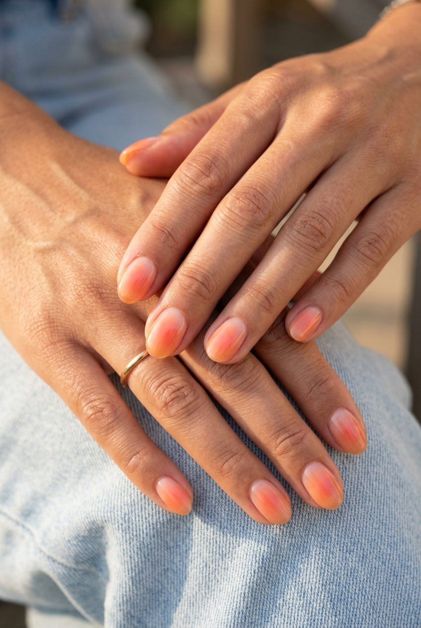 Coral Aura Short Oval Nails 2026: Romantic Summer Short oval summer nails 2026 in sheer coral aura gradient for romantic vacation vibes.
