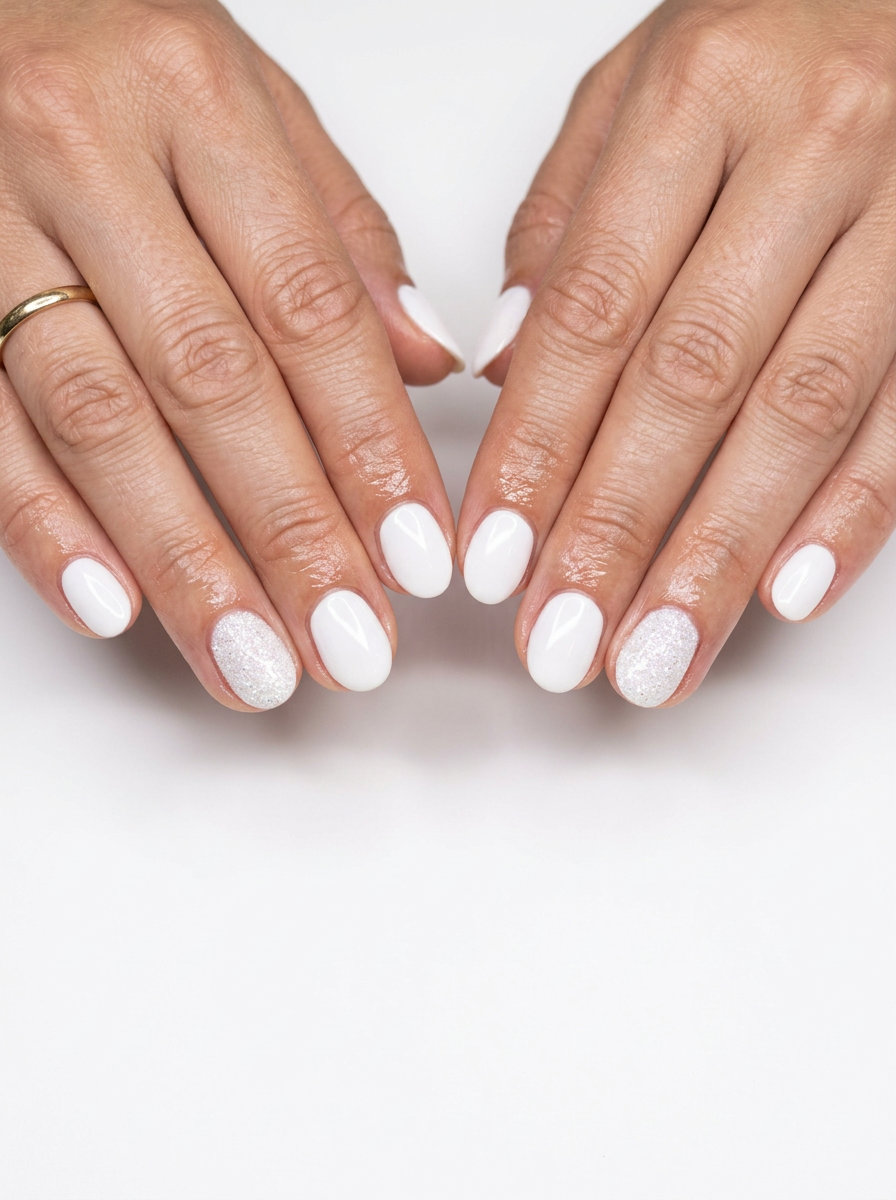 Short oval summer nails 2026 in classic white with a sparkling glitter accent nail.