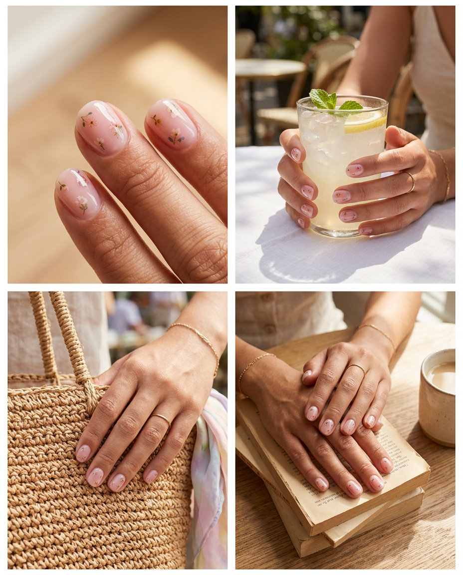 Short round summer nails 2026: Sheer Pink Milk Bath Floral Decals for bohemian events.
