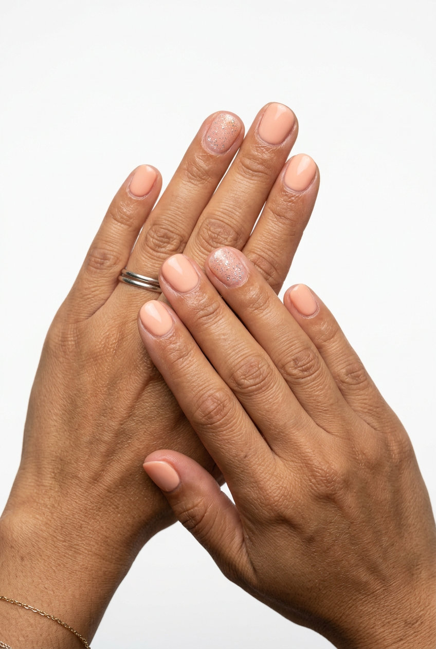 Short round summer nails 2026: Peach Fuzz Glitter Accents for romantic evenings.