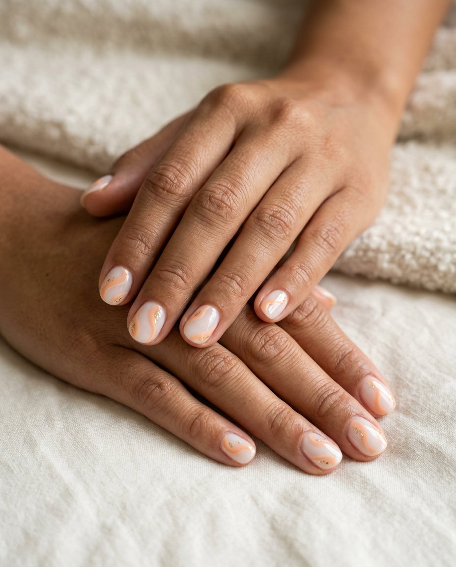 Short round summer nails 2026: Peach Fuzz Creamy Swirls with gold foil accents for date night.