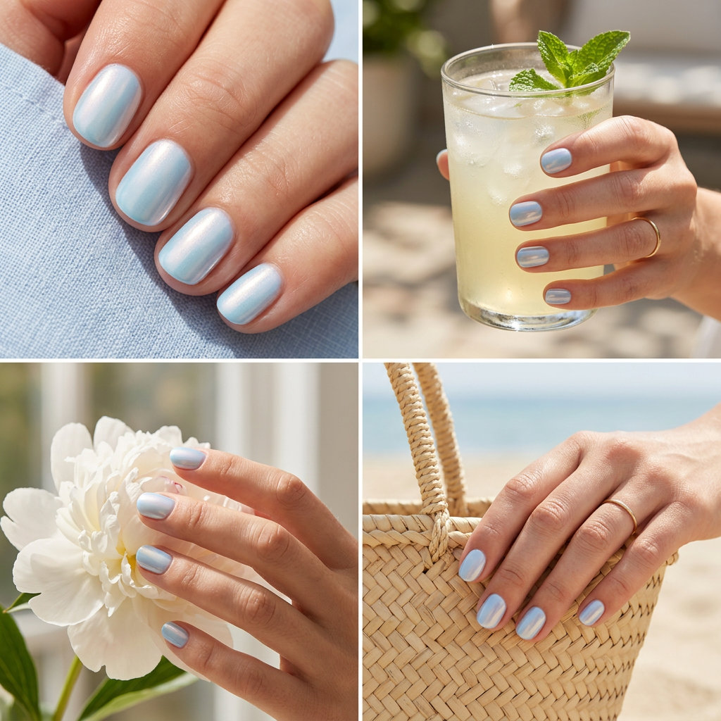 Short round summer nails 2026: Sky blue with pearlescent shimmer overlay.