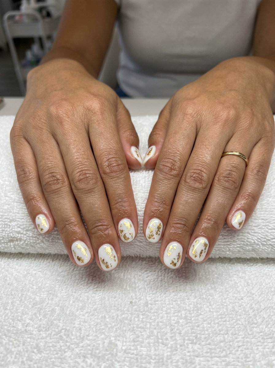 Short round summer nails 2026: White with gold foil accents for formal events.