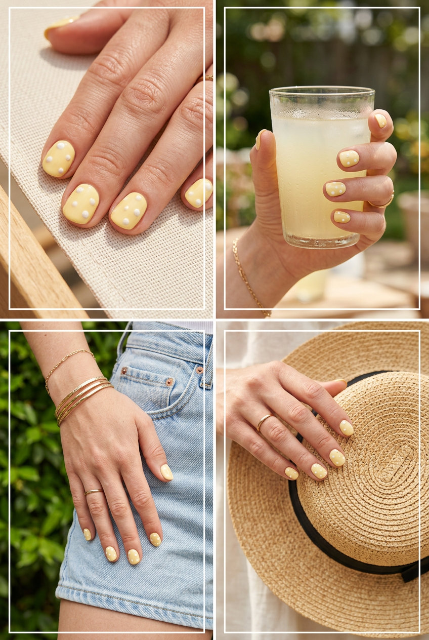 Short round summer nails 2026 in butter yellow with textured dots for casual outings.