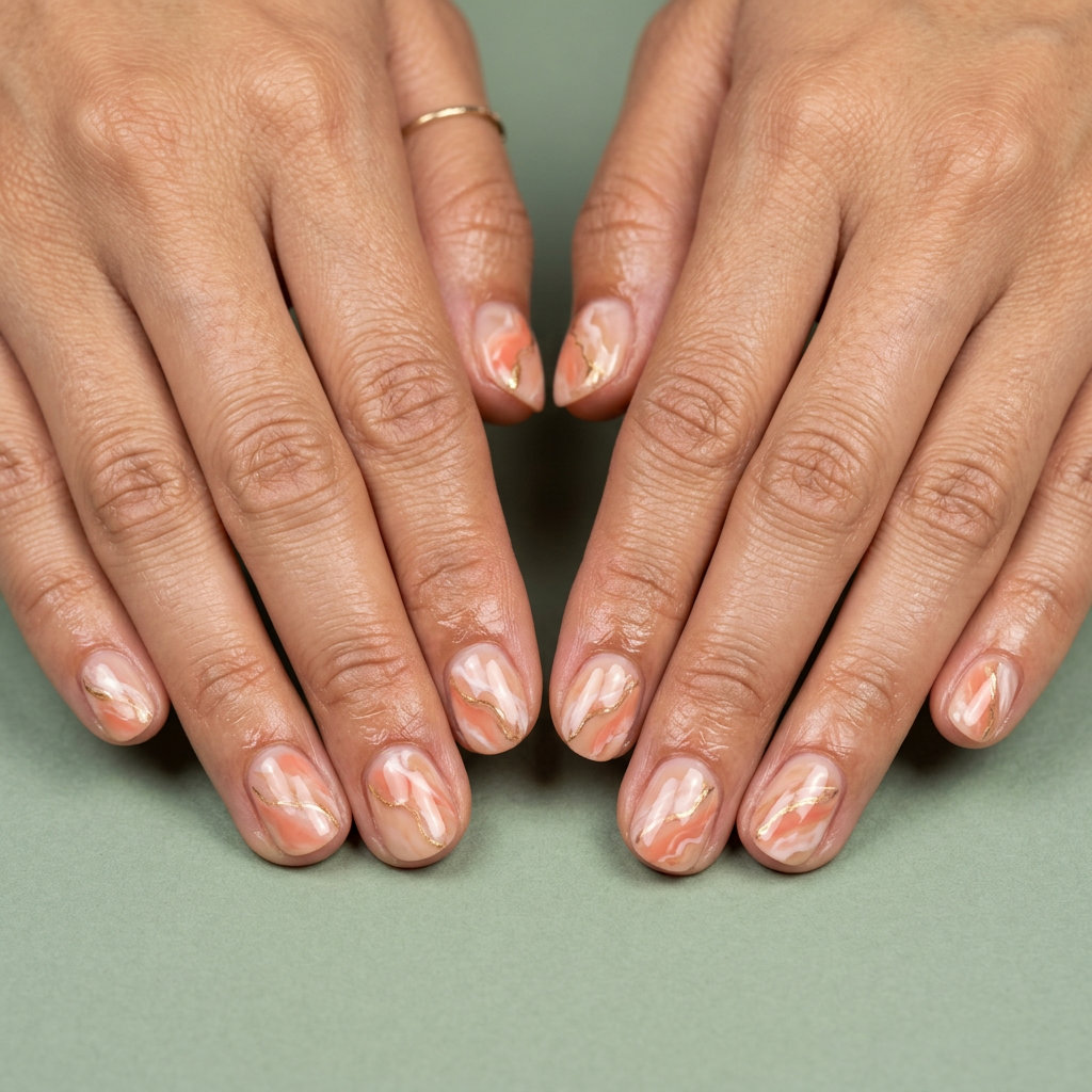 Short round summer nails 2026 with coral nude marble and gold veining for elegant events.