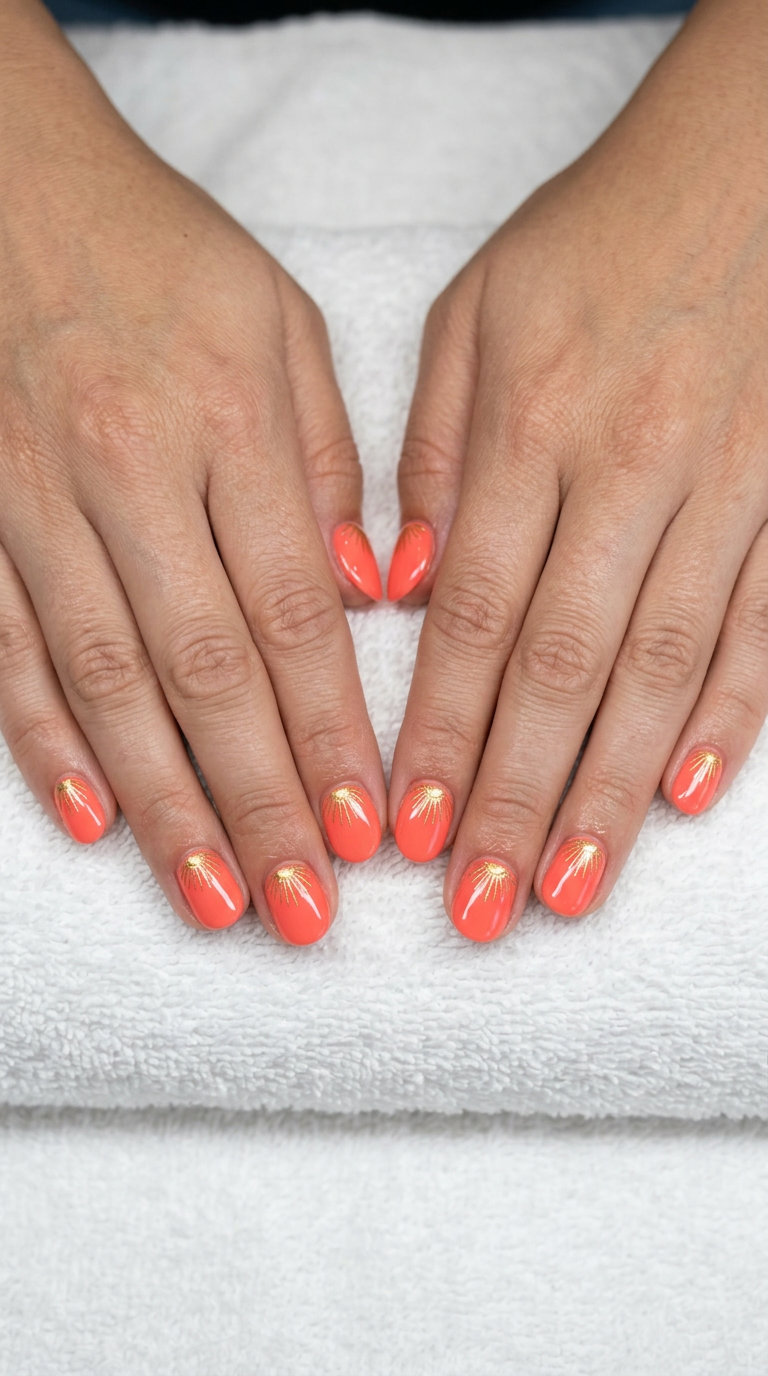 Short round summer nails 2026 in vibrant coral with gold sunburst accents for vacation.
