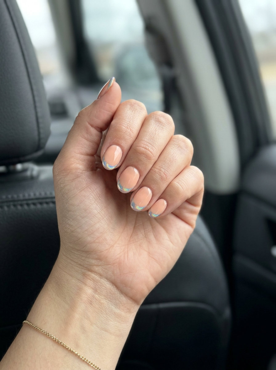 Short round summer nails 2026 with peach fuzz holographic tips for parties and date nights.