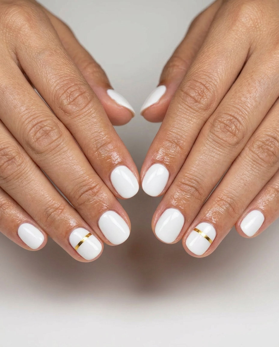 Short round summer nails 2026 with white metallic line accents for minimalist chic.