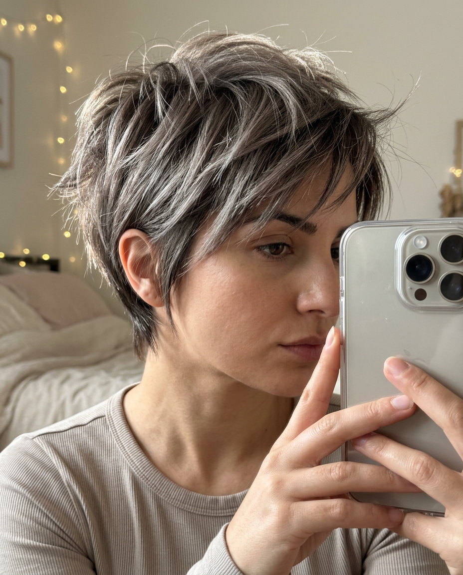 short textured pixie haircut with silver-ash mushroom brown, metallic glaze, micro-fringe — bold summer look