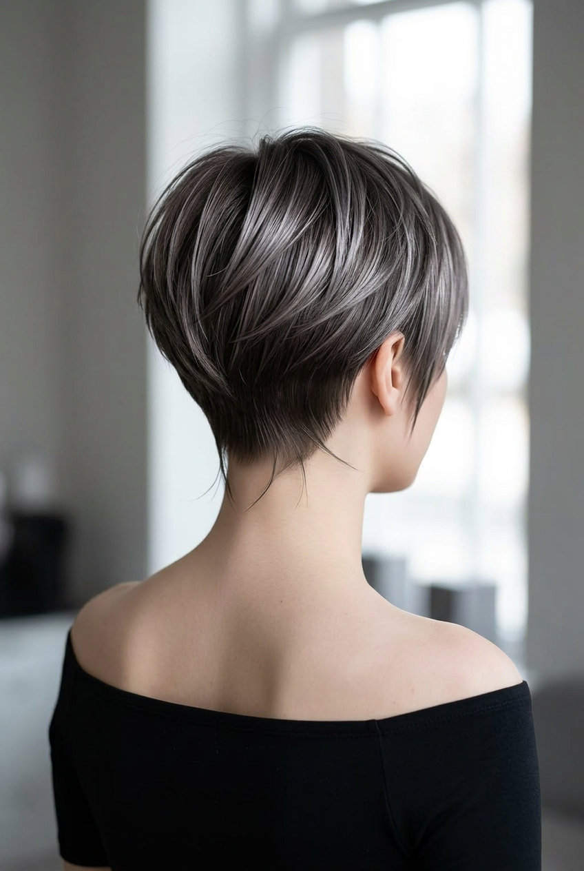 short sculpted pixie haircut with silver-ash mushroom brown, disconnected layers, undercut — bold architectural style