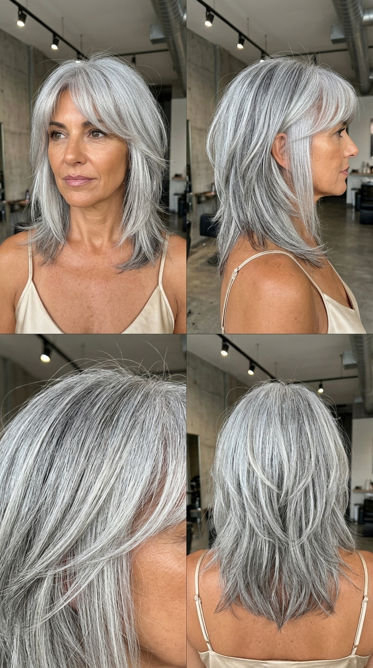 medium silver shag with bottleneck bangs, choppy layers, V-shape back — edgy