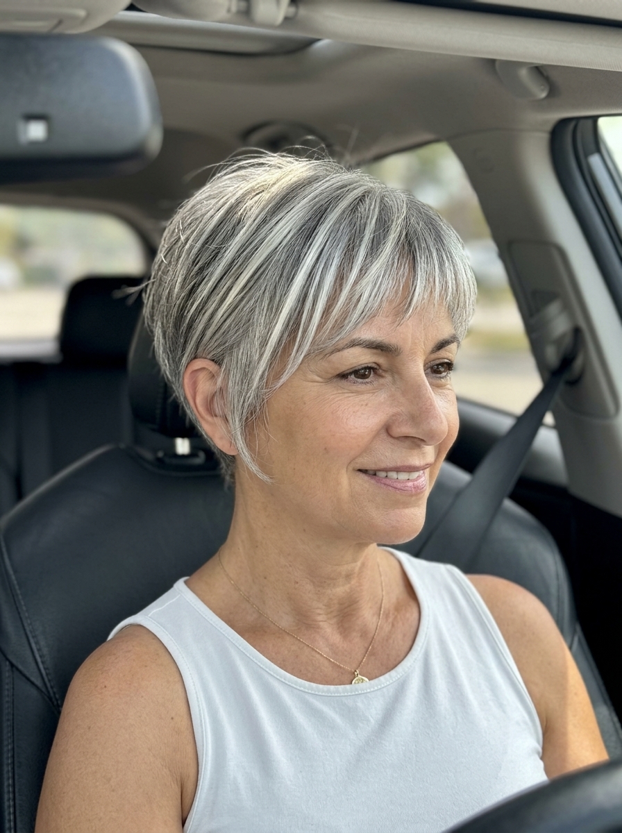 short silver razored pixie with platinum streaks, textured top, choppy fringe — edgy