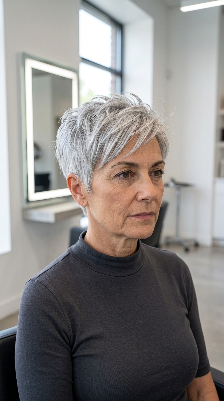 short silver razored pixie with platinum highlights, tapered sides, piecey top — bold