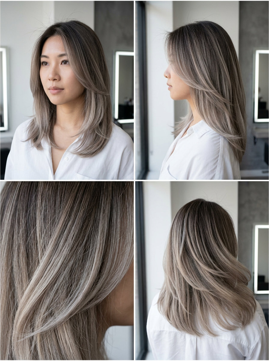 medium layered haircut with silvery-beige blonde ombre, ghost layers — minimalist sophisticated style