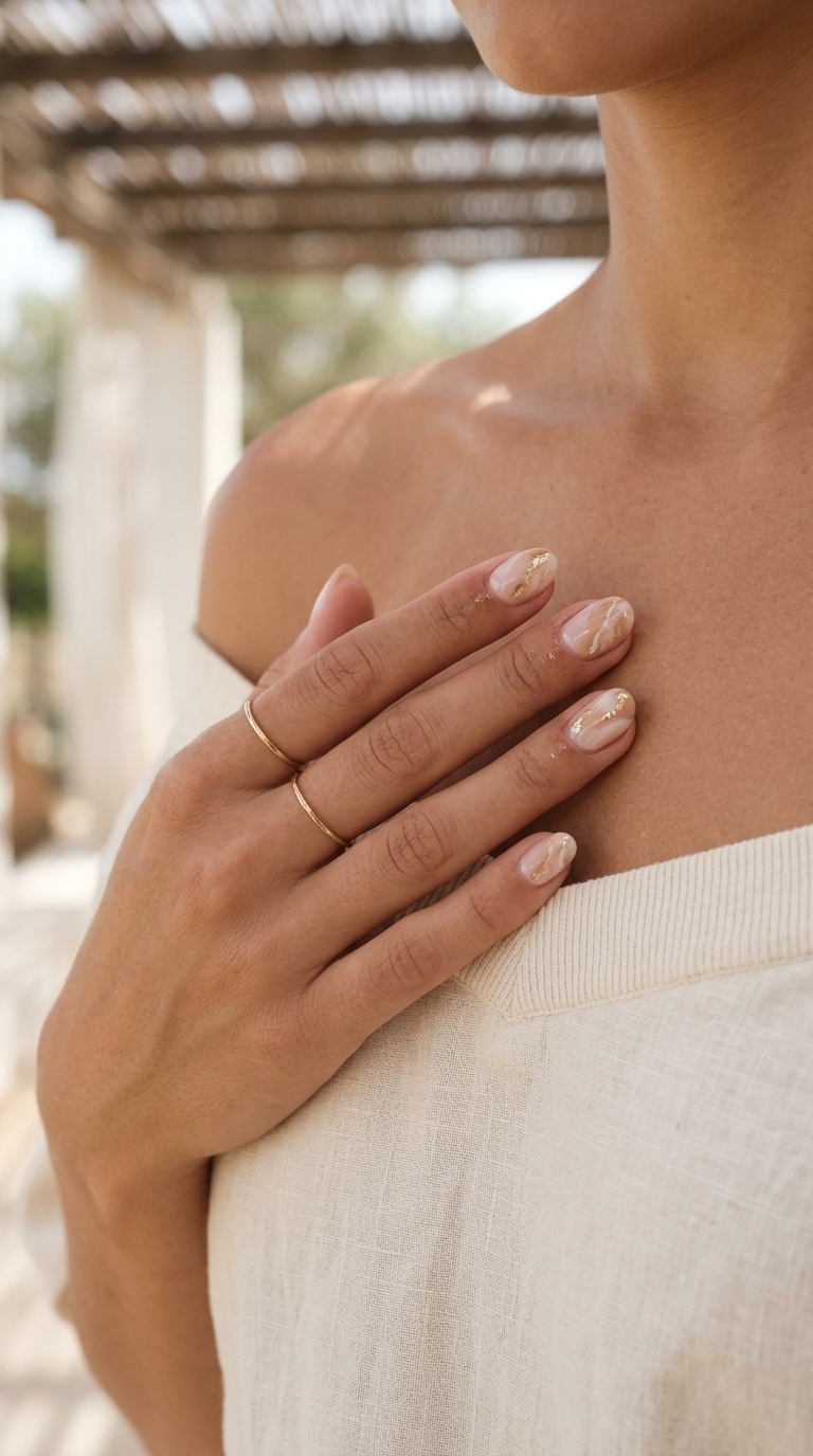 Agate Tide Marble: Bohemian simple beach nails 2026 with nude, beige, white, and gold accents for casual weekends and beach vacations.