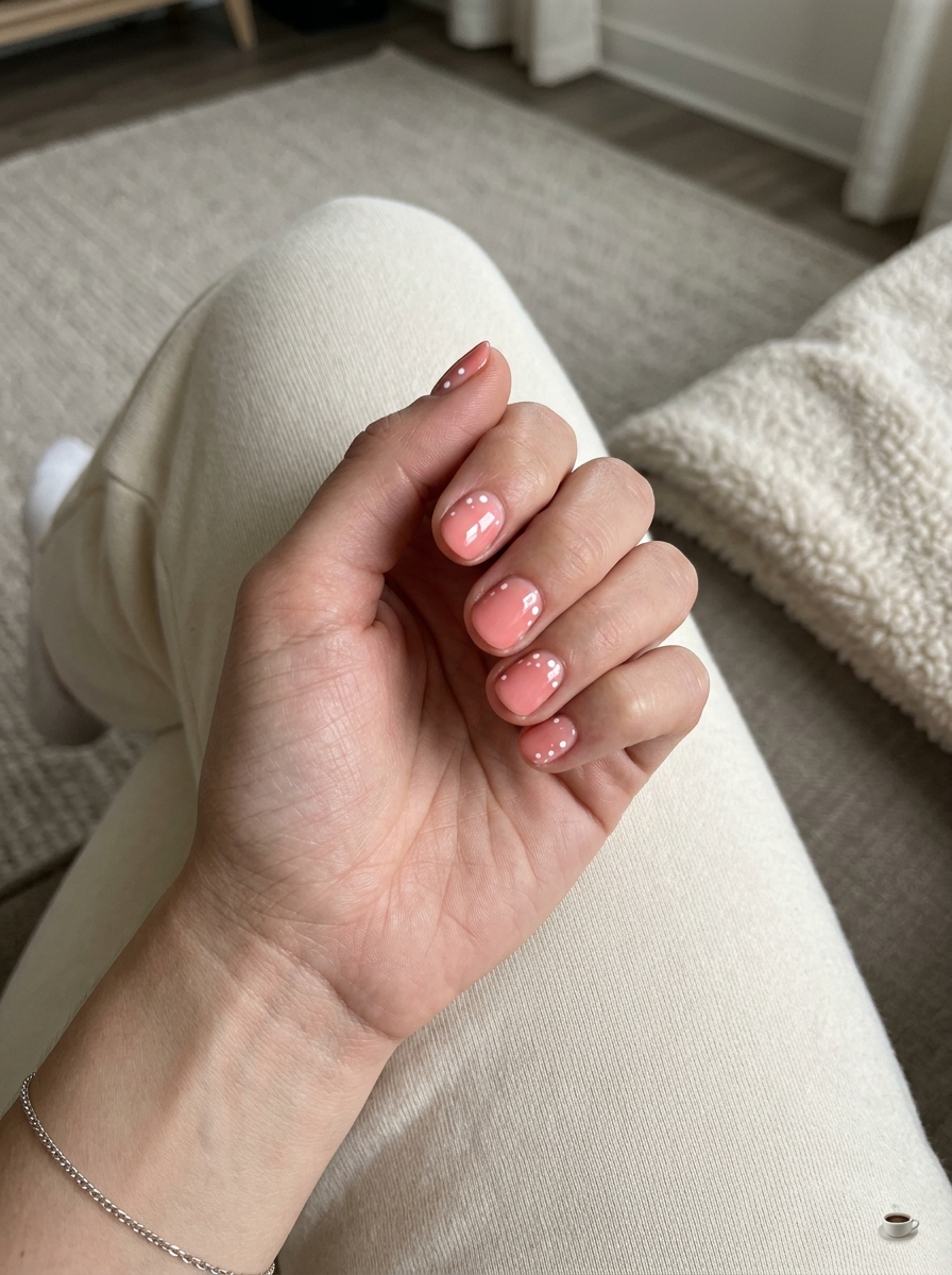 Beach Berry Dots: Playful simple beach nails 2026 with light coral pink and white dots for casual weekends and beach vacations.