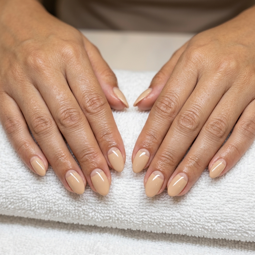 Coastal Dune Reverse French: Simple beach nails 2026 in pale sandy beige, perfect for casual weekends and beach vacations.