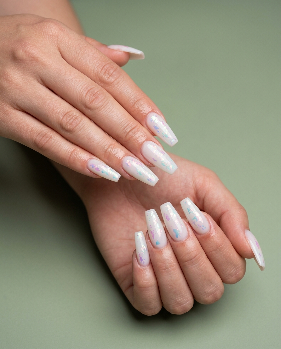 Moonbeam Foil Flakes Coffin: Glamorous simple beach nails 2026 for weddings and evening events, with a dreamy celestial vibe.
