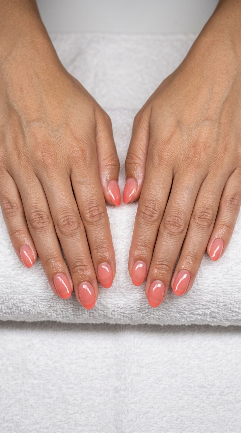 Sorbet French Tip Oval: Sweet simple beach nails 2026 for vacation and casual days, with a playful lighthearted mood.