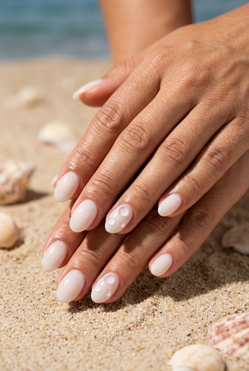 Water Droplet Milky White: Whimsical simple beach nails 2026 with 3D water droplets for summer fun and beach vacations.