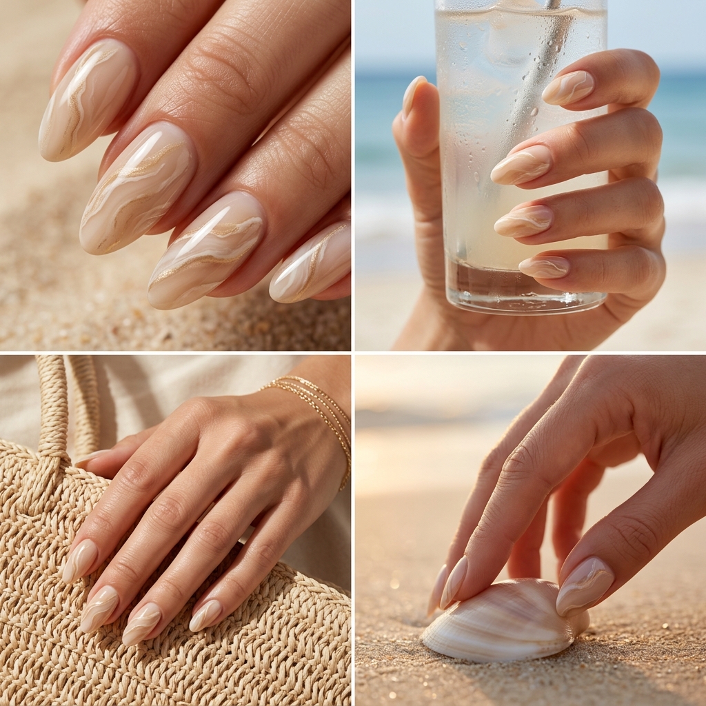 Sophisticated agate dune marble almond nails with sandy beige, white, and gold veining. Perfect for formal events or daily wear in 2026.