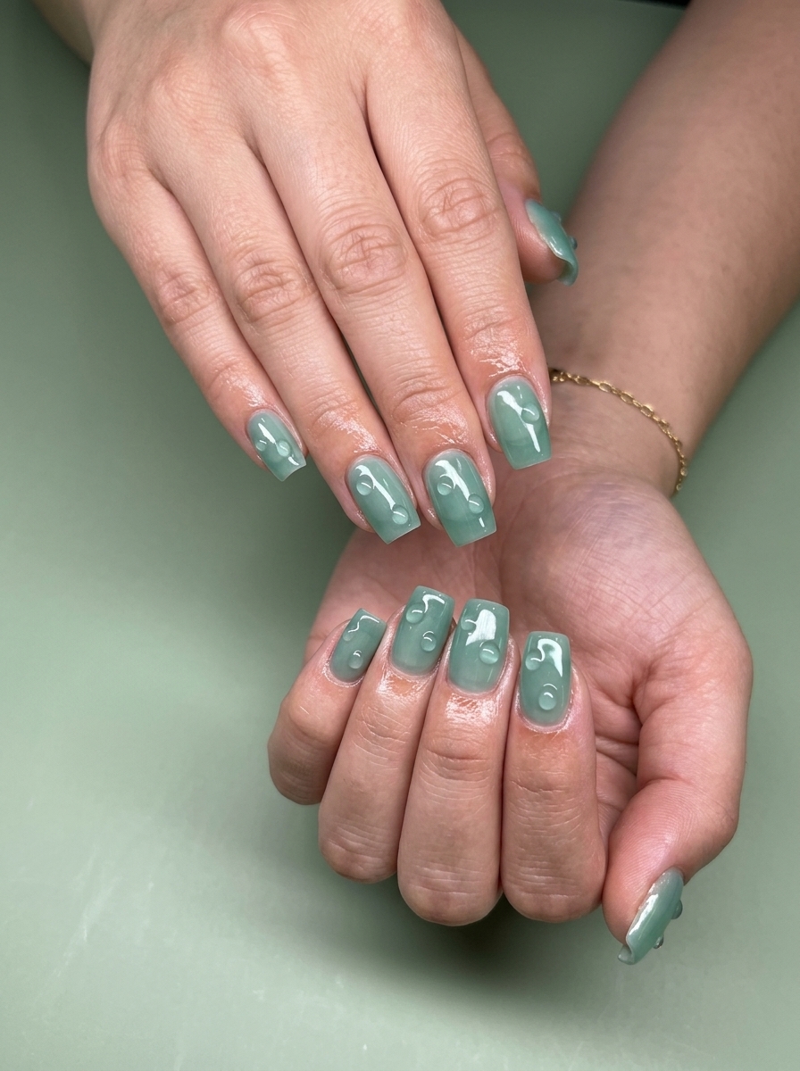 Playful morning dew seafoam drops nails with sheer green jelly and 3D gel accents. Ideal for beach vacations and casual summer days in 2026.