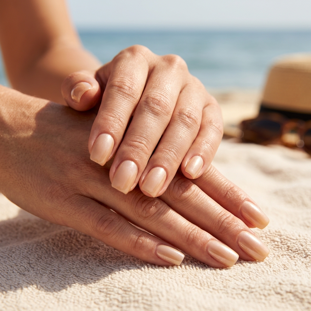 Effortless sandy beige glazed aura nails with a pearl sheen. Chic for daily wear, beach vacations, and casual weekends in 2026.