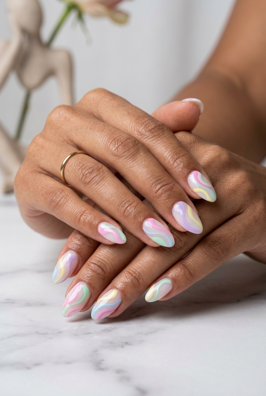 Milky white almond nails with abstract pastel rainbow swirls. Simple rainbow nails 2026 for vacation.