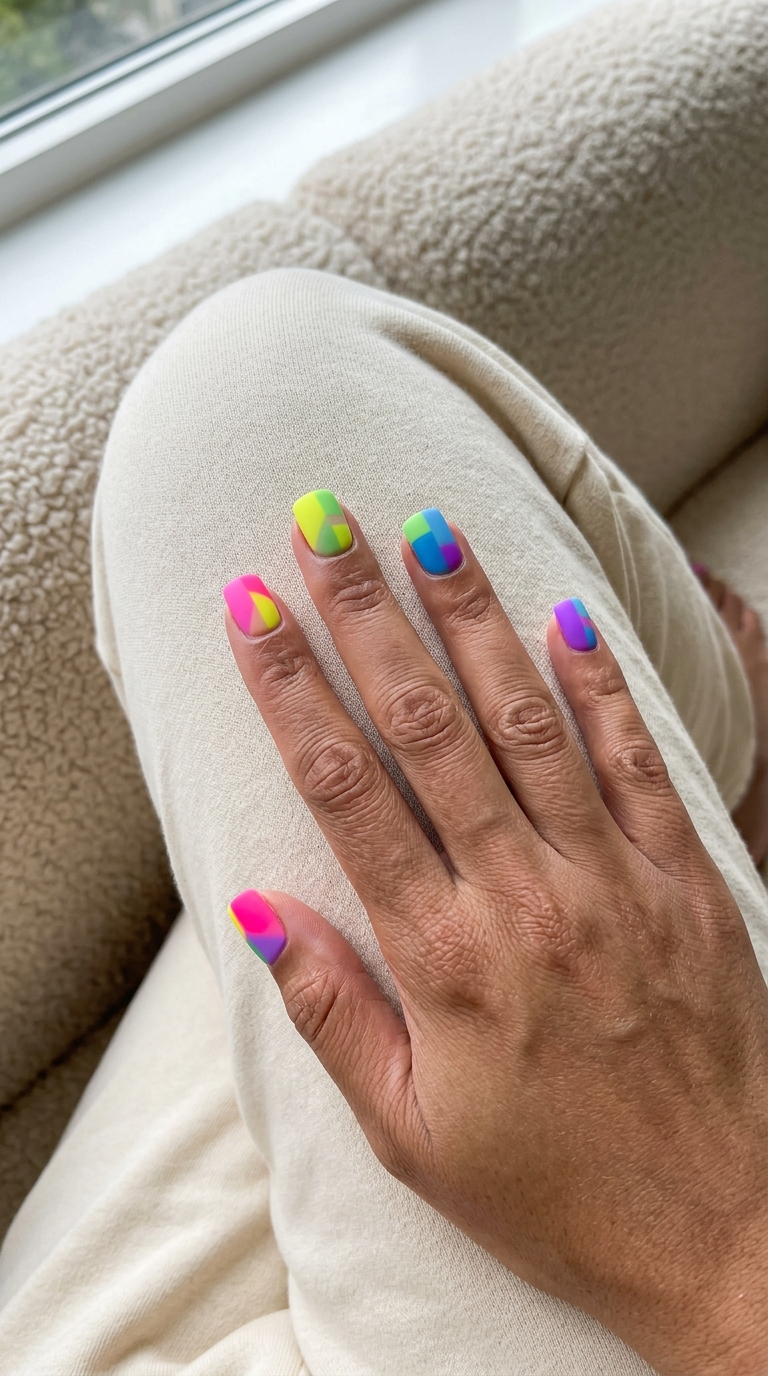 Matte neon color block nails for festivals and edgy style. Simple rainbow nails 2026.