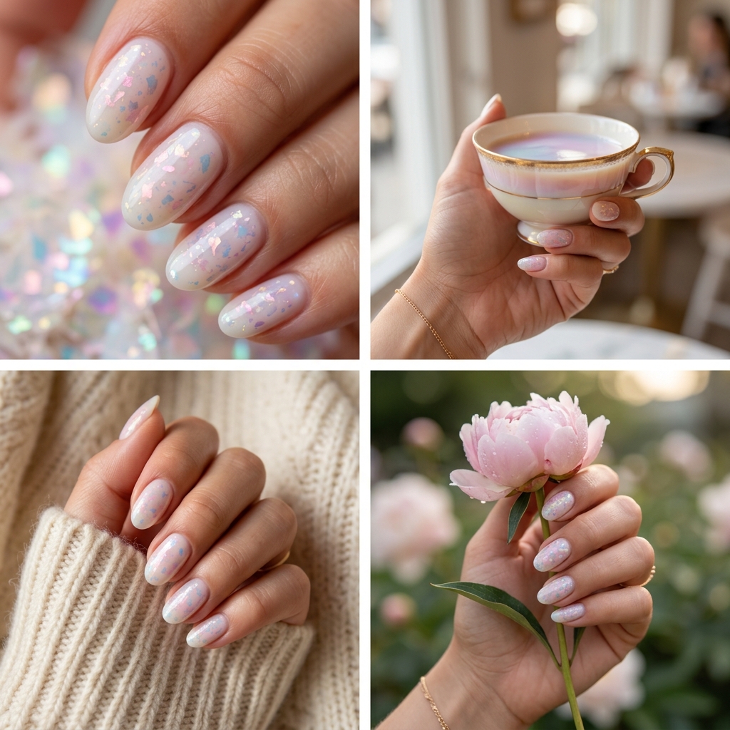 Milky bath rainbow flakes for weddings and spring events. Simple rainbow nails 2026.