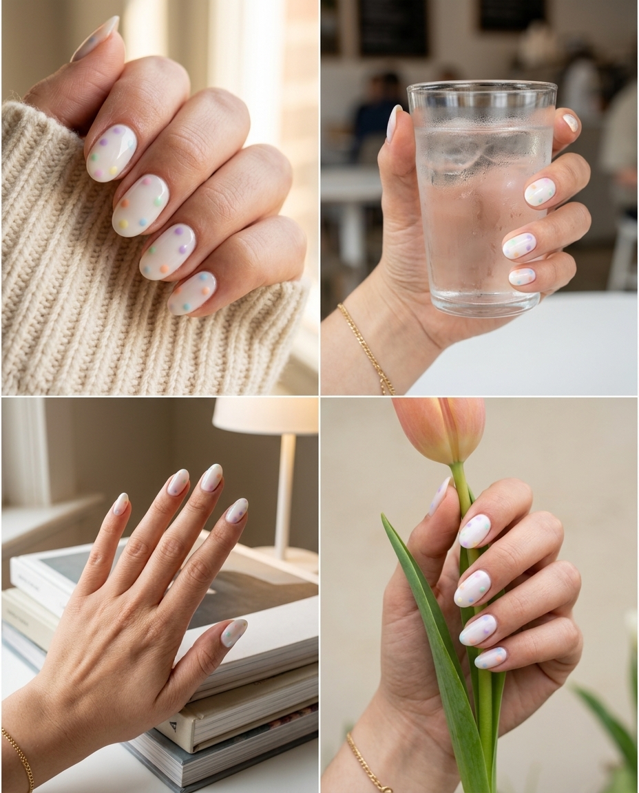 Milky white oval nails with pastel rainbow dots. Simple rainbow nails 2026 for casual wear.