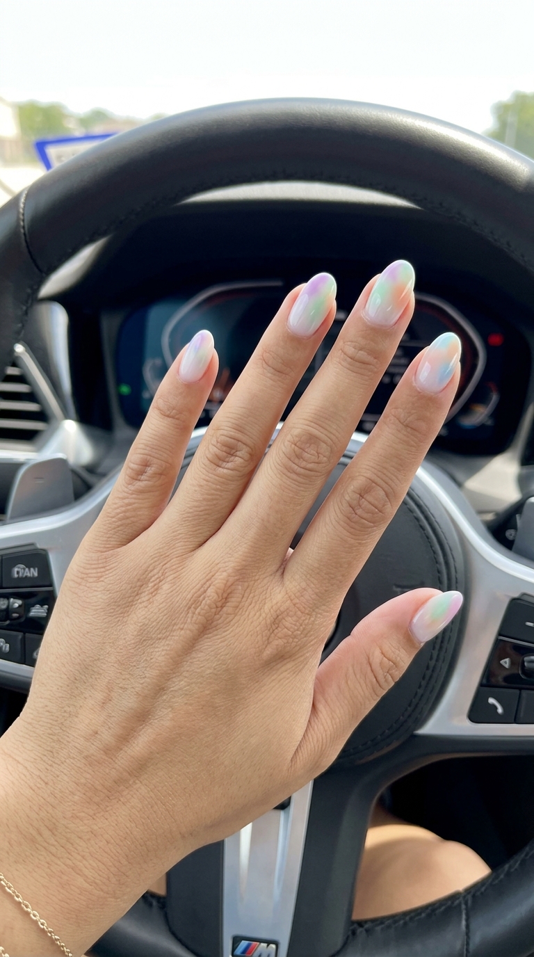 Milky white oval nails with soft pastel rainbow ombre. Simple rainbow nails 2026 for weddings.